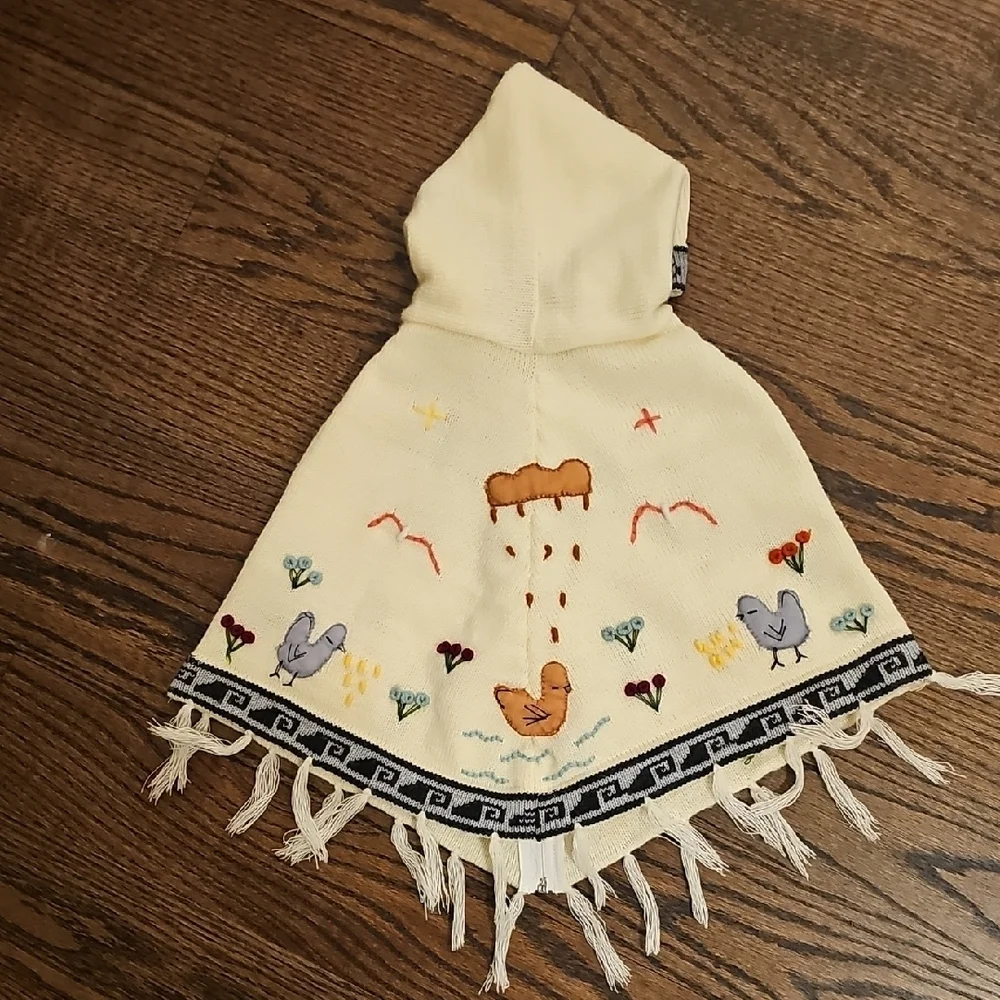 Children's Hand Embroidered Peruvian Style Hooded Zip Front Poncho - Picture 2 of 7